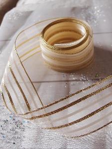 Ivory Sheer Ribbon w/ Metallic Gold Stripes - 1 1/2" x 25Y