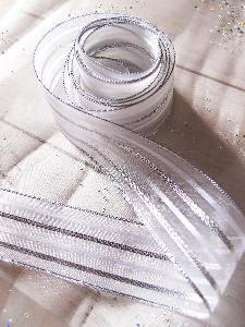 White Sheer Ribbon w/ Metallic Silver Stripes - 1 1/2" x 25Y
