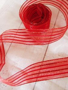 Red Sheer Ribbon w/ Metallic Red Stripes - 1 1/2" x 25Y