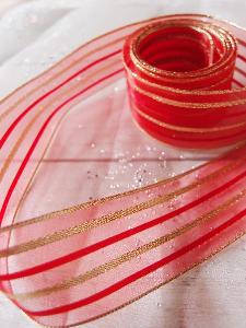Red Sheer Ribbon w/ Metallic Gold Stripes - 1 1/2" x 25Y