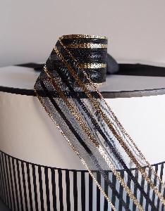 Black Sheer Ribbon w/ Metallic Gold Stripes - 1 1/2" x 25Y