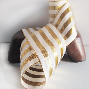 Metallic Gold and Ivory Striped Ribbon 4" - 4" x 10Y