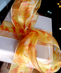 Orange Daisy Floral Print Satin/Sheer Ribbon with Wired Edge