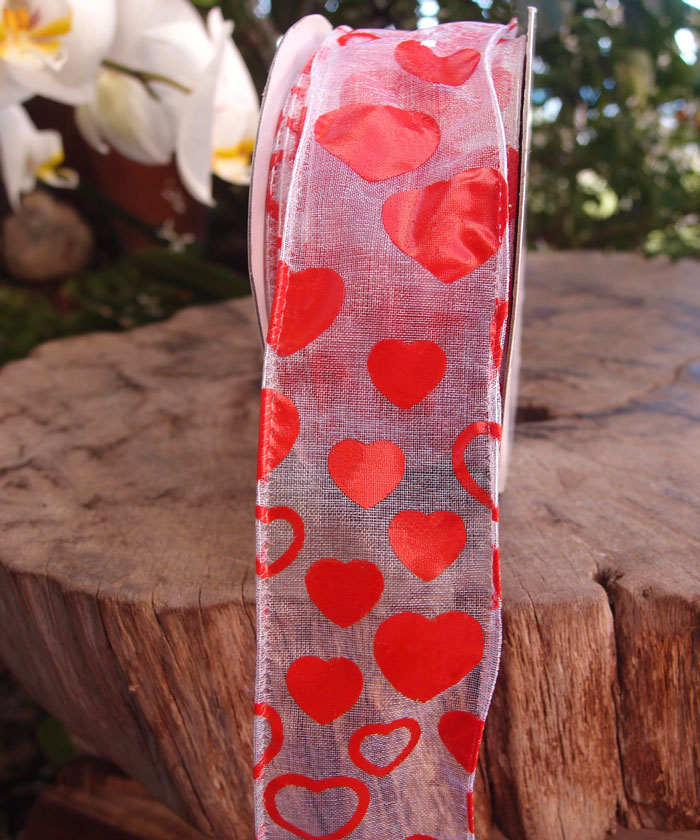 White Sheer Wired Ribbon with Red Hearts - 1 1/2" x 25y