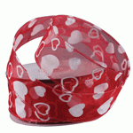 Red Sheer Wired Ribbon with White Hearts - 1 1/2" x 25y