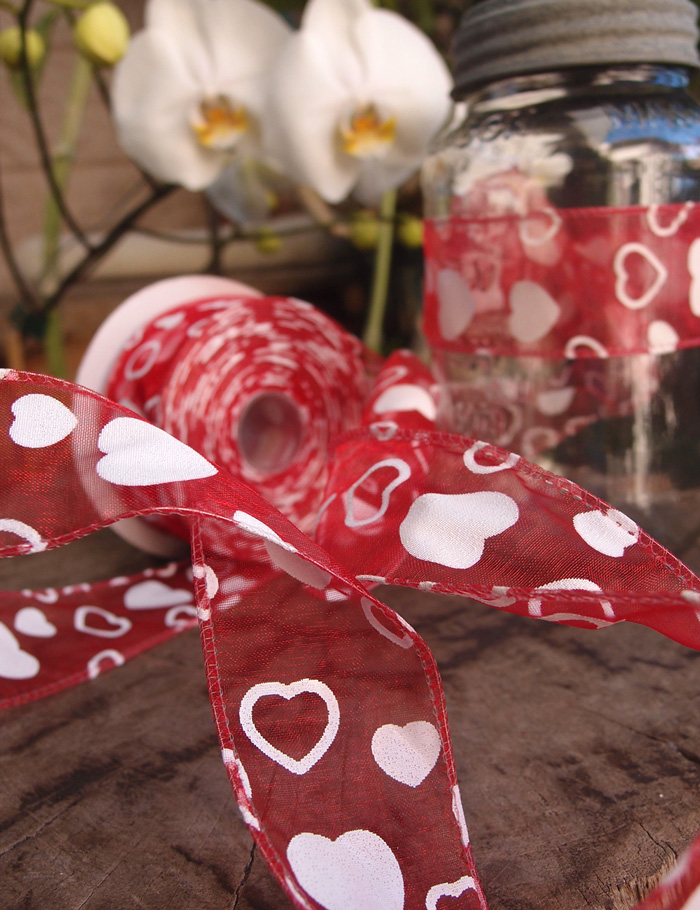 Red Sheer with White Hearts Wired Ribbon - 2 1/2" x 25y