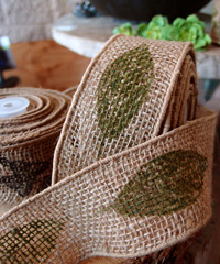Wired Burlap Jute Ribbon with Green Leaf Print