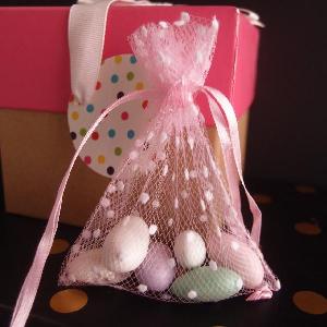 Tulle Bags 	Pink w/ White Swiss Dots - 10 pc/ pack. 1 pack minimum.