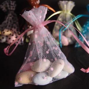 Tulle Bags White w/ Pink Swiss Dots - 10 pc/ pack. 1 pack minimum.