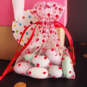 Tulle Bags White w/ Red Swiss Dots - 10 pc/ pack. 1 pack minimum.