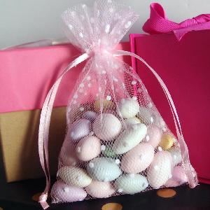 Tulle Bags Pink w/ White Swiss Dots - 10 pc/ pack. 1 pack minimum.