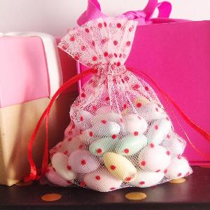 Tulle Bags White w/ Red Swiss Dots - 10 pc/ pack. 1 pack minimum.