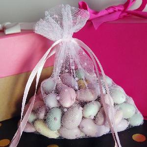 Tulle Bags White w/ Pink Swiss Dots - 10 pc/ pack. 1 pack minimum.