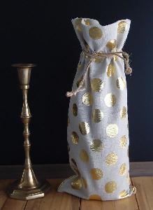 Linen Wine Bag with Gold Metallic Dots  6x14 - 6" x 14"