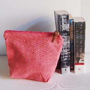 Coral Red Washed Canvas Zipper Pouch 8" - 8"W x 6.3"x 2.4" D