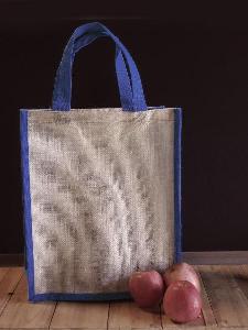 Jute Tote with Navy Blue Trim - 12" x 14" x 7"