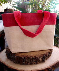Small Jute Cotton Blend Tote w/ Red Burlap Accents 11.5 x 7.5 - 11 1/2"W x 7 1/2"H x 4 1/2"D