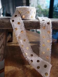 Linen Ribbon with Gold Metallic Dots - Natural linen ribbon with gold metallic dots