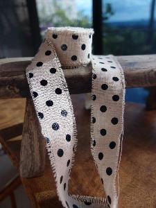 Linen Ribbon with Black Dots - Natural linen ribbon with black dots