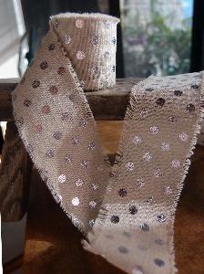 Linen Ribbon with Silver Metallic Dots - Natural linen ribbon with silver metallic dots