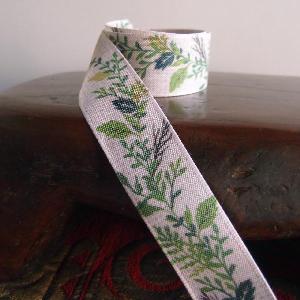 1" Tan ribbon with green leaves. -  1" x 10.9 yards