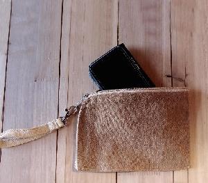 Washed Brown Canvas Curved Zippered Pouch w/ Loopie - 7"W x 5"