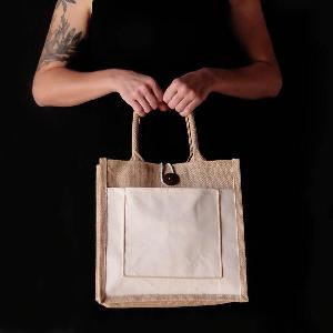 Jute Tote Bag with Canvas Pocket, 12 x 12 x 7 3/4" - 12" W x 12" H x 7 3/4" Gusset