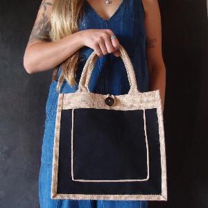 Jute Burlap Tote Bag with Black Pocket 12 x 12 x 7  inches - 12" x 12" x 7 "