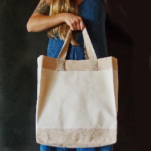 Natural Canvas with Jute Blend Tote Bag 14 x 15  x 7  inches