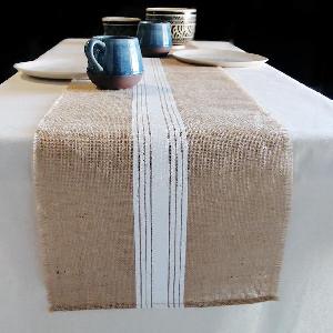 White Striped Jute Table Runner with Fringed Edge - 108" long x 12.5" wide
