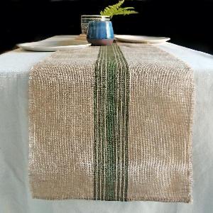 Green Striped Jute Table Runner with Fringed Edge - 108" long x 12.5" wide
